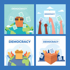Illustration of hand voting and ballot box as a banner or poster for International Democracy Day on a light blue background.