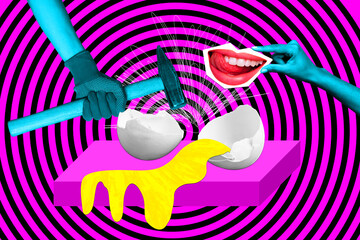 Picture collage image comics zine of human arm breaking egg with hammer isolated on colorful...