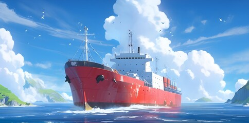 Old abandon shipwreck in the sea. Anime Style. - obrazy, fototapety, plakaty