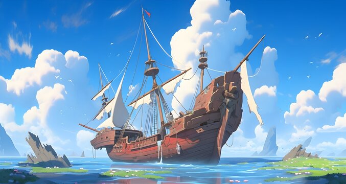 Old abandon shipwreck in the sea. Anime Style.