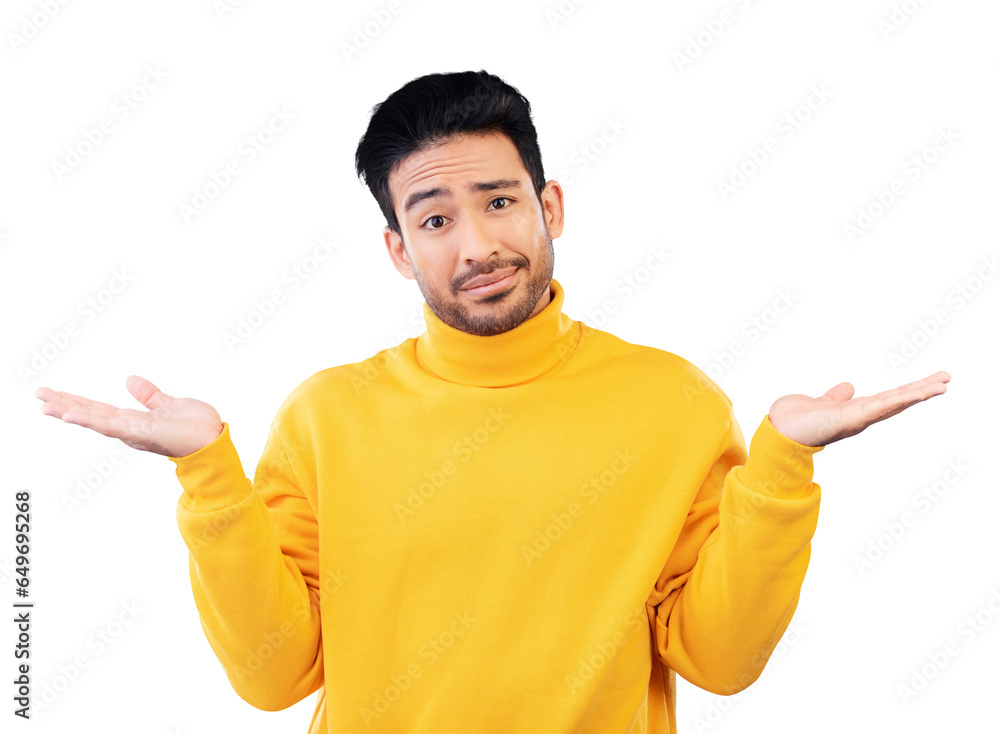 Poster confused, decision and portrait of asian man with hands for option, choice and solution with shrug. 