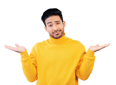 Confused, decision and portrait of Asian man with hands for option, choice and solution with shrug. Doubt, thinking and person on isolated, png and transparent background with question and unsure