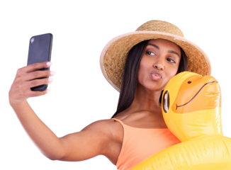Selfie, kiss face and woman on swimming vacation for profile picture with inflatable duck isolated on transparent png background. Happiness, hand and person in swimwear for photo, travel or trip