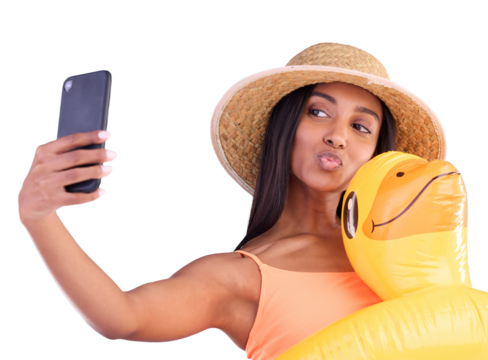 Selfie, kiss face and woman on swimming vacation for profile picture with inflatable duck isolated on transparent png background. Happiness, hand and person in swimwear for photo, travel or trip