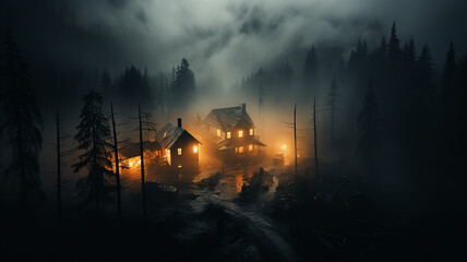 night landscape, mysterious lonely house in misty autumn mountains, thriller, horror, fairy tale