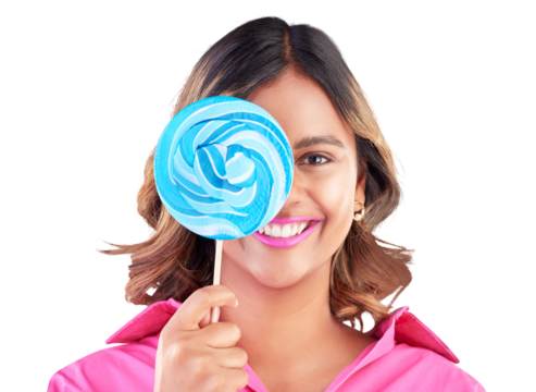 Candy, shop and portrait of woman with lollipop for small business on isolated, transparent or png background. Sugar, sweet and face of lady entrepreneur with startup success or confectionery service