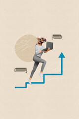 Vertical creative composite photo collage of headless girl with tiger head hold laptop run upsteirs...