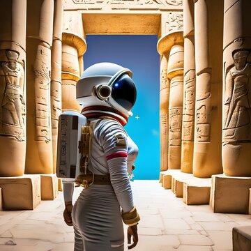 astronaut standing in a pharaonic temple