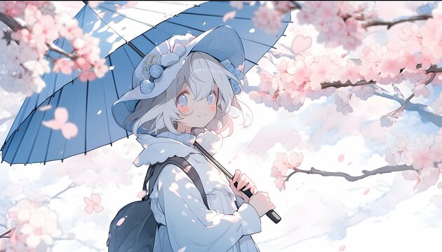An cute anime girl carrying a and walking across a cherry blossom pink sakura. Anime Style