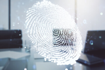 Double exposure of abstract creative fingerprint hologram and modern desk with computer on background, protection of personal information concept