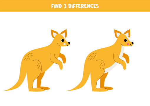 Find three differences between two pictures of cute kangaroo. Game for kids.