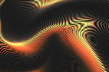 3D gold neon swirl wave lines pattern flowing dynamic gold gradient light on black background. Luxury  concept of technology, digital, communication, science, music 90s style. Vector illustration. - obrazy, fototapety, plakaty