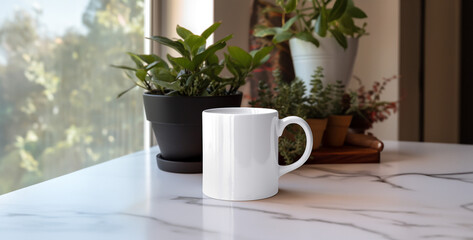 Fototapeta na wymiar coffee mug close up of mug plain white, cup of coffee on the table. Generative Ai content