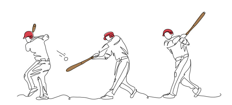 Baseball player swinging the bat in a hit. Main motions. Vector sketch. One continuous line art drawing of baseball hit