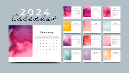2024 annual calendar template with watercolor theme