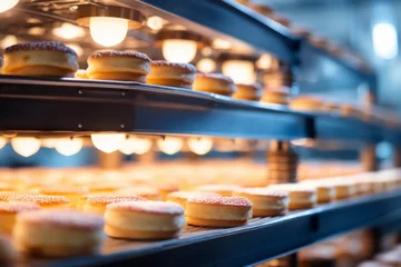 Zelfklevend Fotobehang natural lighting of cakes on automated belt conveyor machine in modern bakery food factory. Industry and production distribution concept. © cwa