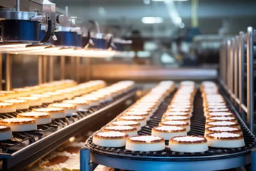  natural lighting of cakes on automated belt conveyor machine in modern bakery food factory. Industry and production distribution concept. © cwa