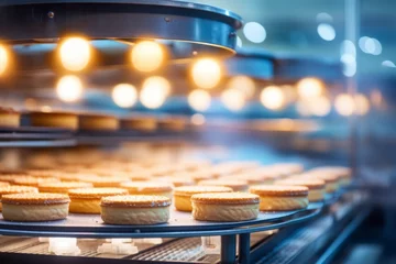Schilderijen op glas natural lighting of cakes on automated belt conveyor machine in modern bakery food factory. Industry and production distribution concept. © cwa