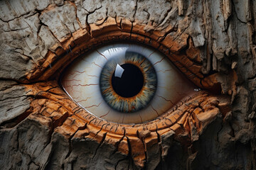 Close-up of a large eye, intricately surrounded by the patterns and textures of tree bark.