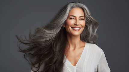 Captivating Middle-Aged Woman with Elegant Grey Hair: A Skin Care Concept Portrait - obrazy, fototapety, plakaty