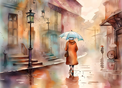 Watercolor rainy day background. Elderly woman with a colourful umbrella walking in the rain. Wet town street. Amazing digital illustration. CG Artwork Background