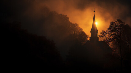 Obraz premium church in the night fog in the European mountains landscape panoramic view