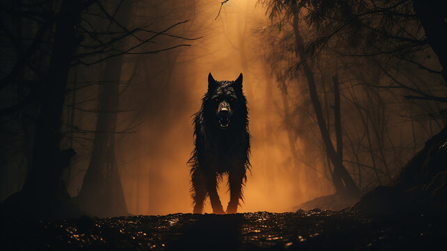 werewolf silhouette fear horror in the forest ghoul ancient horror fairy tale beast wolf predator in the fog of the night forest