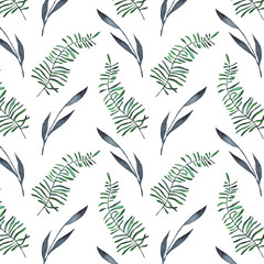 Watercolor floral pattern. Texture with watercolor natural elements on white background.