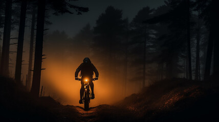 mountain bike in the night fog in the mountain forest extreme sports background in the rays of light