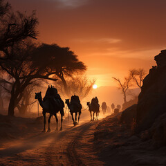 Caravan arrived at desert oasis. Silhouette. AI generation..