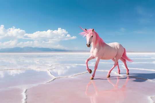 Snow-white unicorn with a pink and white mane and tail