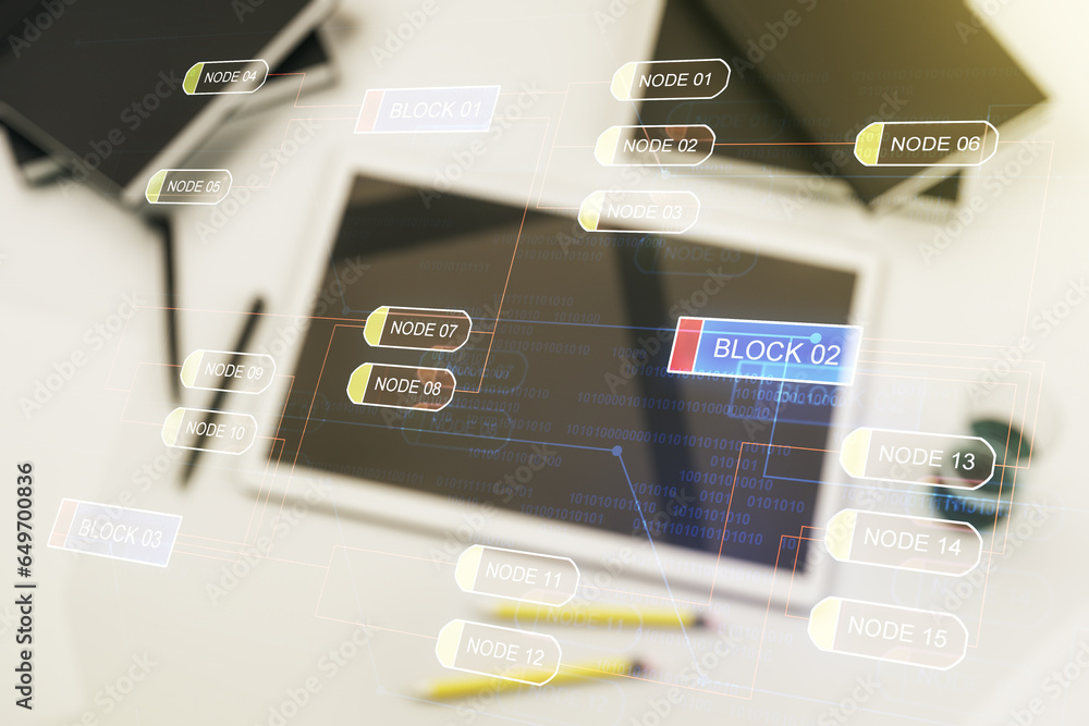 Poster multi exposure of abstract programming language hologram and modern digital tablet on background, ar