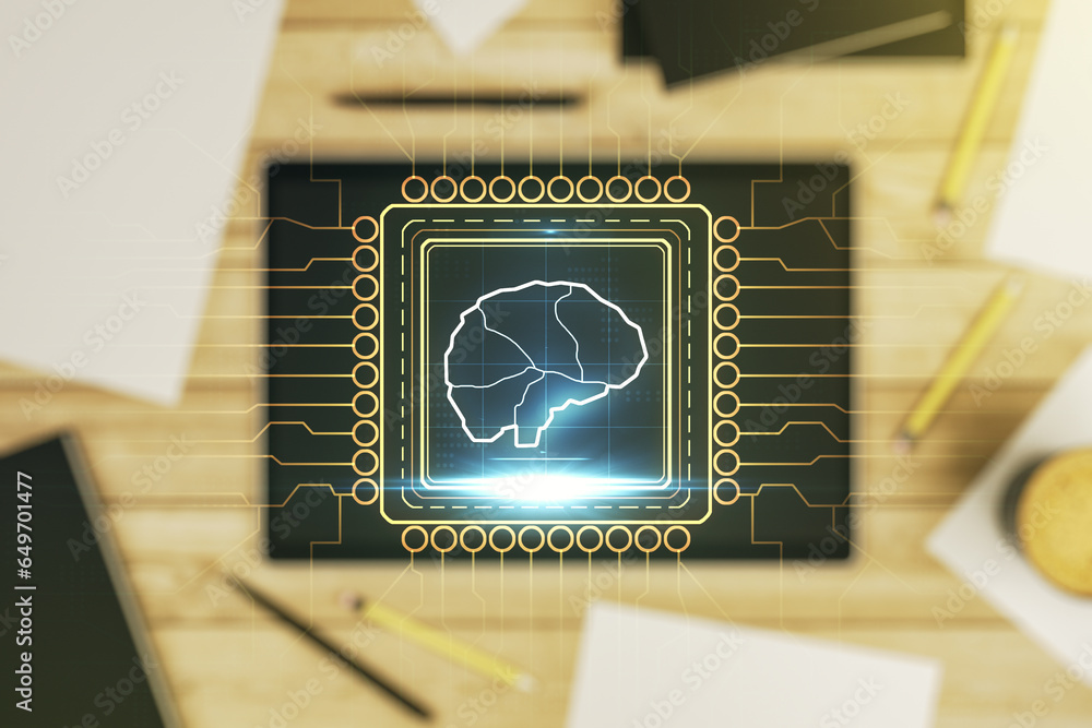 Poster double exposure of creative artificial intelligence symbol and digital tablet on background, top vie