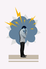 Vertical creative composite illustration photo collage of tired exhausted man hold palm on forehead...