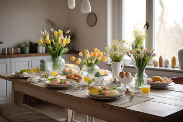 Easter table with spring flowers in a sunny kitchen