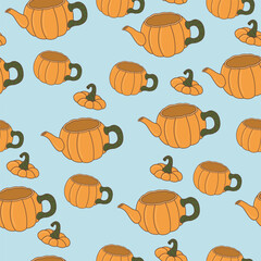 Seamless pattern with pumpkin kettles and cups on blue background