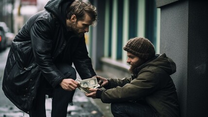 man giving homeless man money - obrazy, fototapety, plakaty