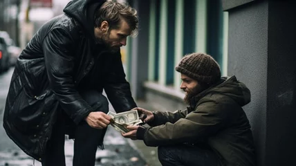 Fotobehang man giving homeless man money © Karen