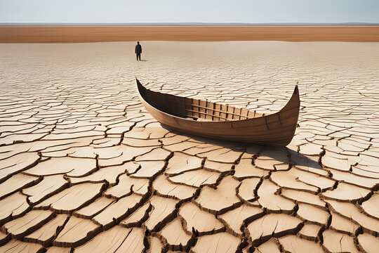 man in wooden boat on dry land, environment concept, generative ai