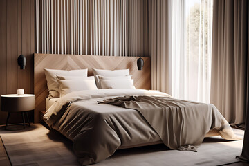 Luxury beige bedroom with wooden bed, gray blanket and pillow