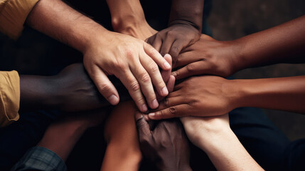 A large number of diverse people's hands stacked on top of each other, symbolizing the concept of unity and diversity, peace and Intercultural Understanding. International day for Tolerance