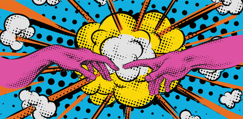 VIntage retro comics boom explosion crash with touch hands of adam by michelangelo. vector illustration - obrazy, fototapety, plakaty