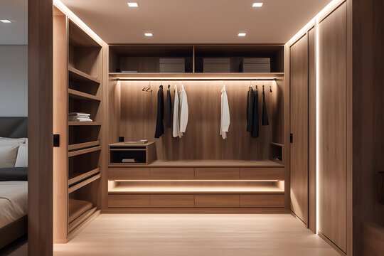 Modern, luxury brown built in, walk in closet wardrobe on parquet floor