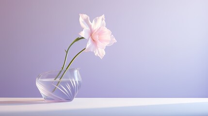  a pink flower in a glass vase on a white table.  generative ai