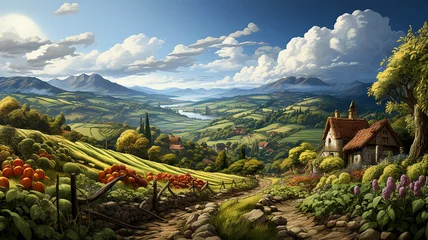 Fototapeten Beautiful farm countryside landscape with autumn fields © aviavlad
