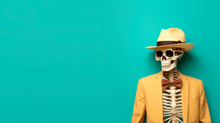 Portrait of a human skeleton in a hat and yellow blazer on a blue background