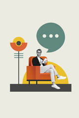 Collage image picture of successful smiling man sitting chair speaking writing text answer isolated on painted background