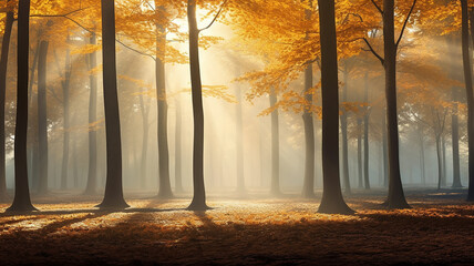autumn landscape in the forest, the sun's rays break through the fog, morning sunrise in the wild nature