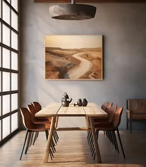 Foto op Plexiglas A modern dining room with a large painting on the wall in a minimalist style © Dennis