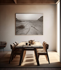 A modern dining room with a large painting on the wall in a minimalist style